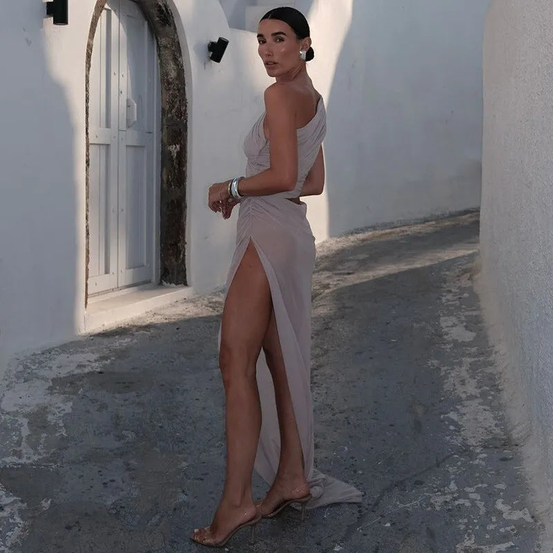 One Shoulder Mesh Draped Crop Top High Slit Maxi Skirt Set