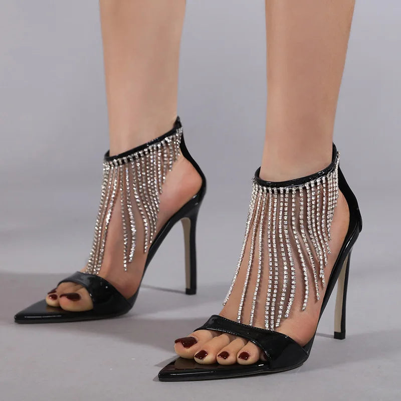 Buckle Strap Large Size 2024 Sandals Black Shoes for Women High Heels Open Toe Big New Party Beige High-heeled Rhinestone Peep C