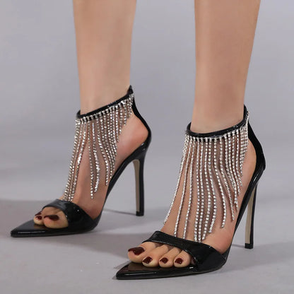 Buckle Strap Large Size 2024 Sandals Black Shoes for Women High Heels Open Toe Big New Party Beige High-heeled Rhinestone Peep C