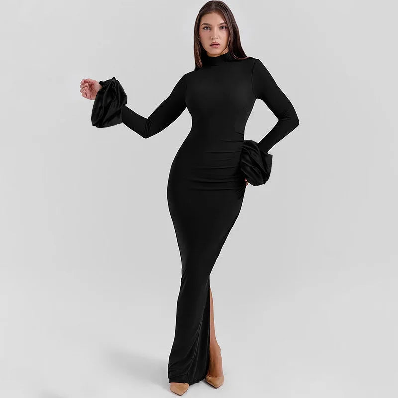 Mock Neck Long Sleeve Ruffle Cuff Side Slit Bodycon Maxi Dress
