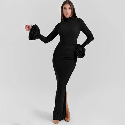 Mock Neck Long Sleeve Ruffle Cuff Side Slit Bodycon Maxi Dress