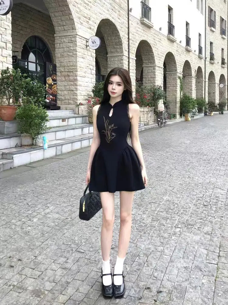 Chinese Style Printed Dress for Women's Summer Slim Fit Sleeveless Lace A-line Short Dress Fashion Female Clothes