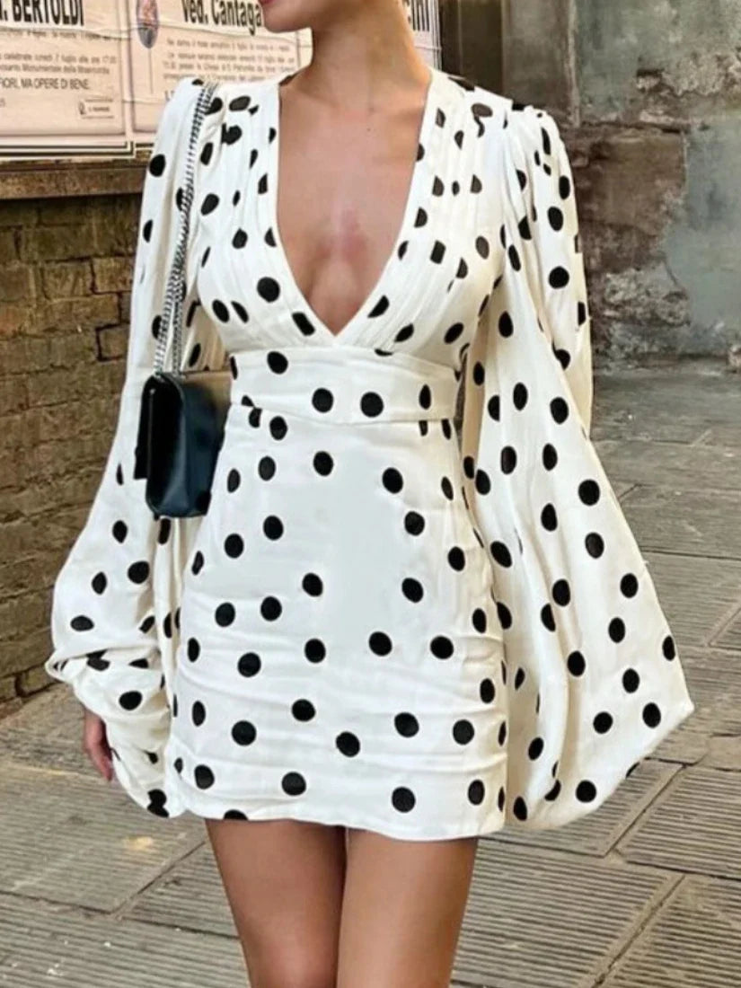 Spring Autumn Polka Dot Print Mini Dress Women Elegant Deep V Neck Flare Sleeve Slim High Waist A Line Short Party Dresses