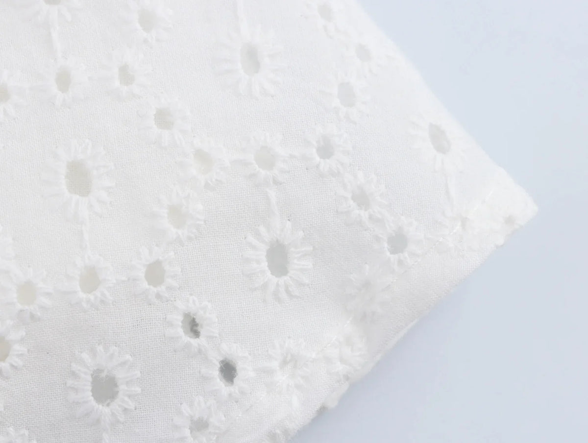 Lantern Sleeve Flower Embroidery Short Dress Elastic Waist A-line White Women Dress Vacation Casual Summer Dresses