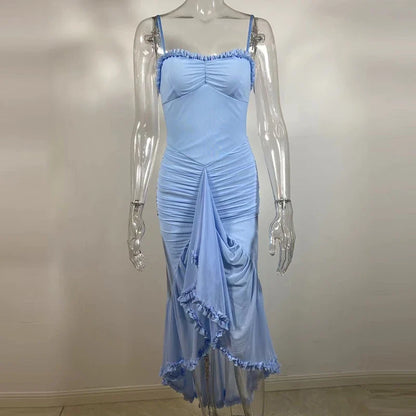 New Summer Sexy Garden Party Solid Women's Dress Elegant Chest Wrap Mesh Patchwork Long Dress Casual Suspender Beach Dress Mujer