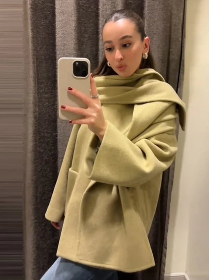 Woolen Scarf Collar Casual Coat Women Single Breasted Elegant Thicken Warm Pocket Loose Solid Jacket Winter Long Sleeve Outwear