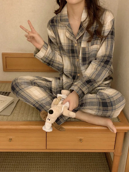 New Women's Pajama Set Fall/Winter Style Long Sleeve Long Pants Gray Plaid Shirt Loungewear Set Can Be Worn Out