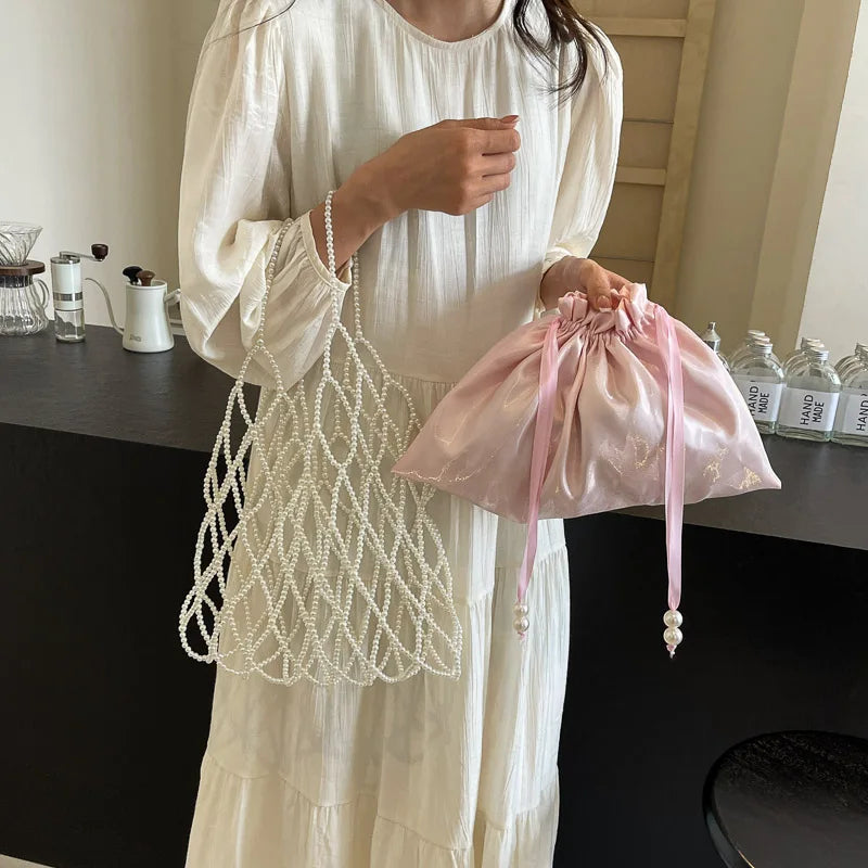 Fashion Hollow Out Beach Bag For Women Designer Handmade Woven Handbag Vintage Pearl Beading Bag 2 Set Mesh Tote Large Capacity