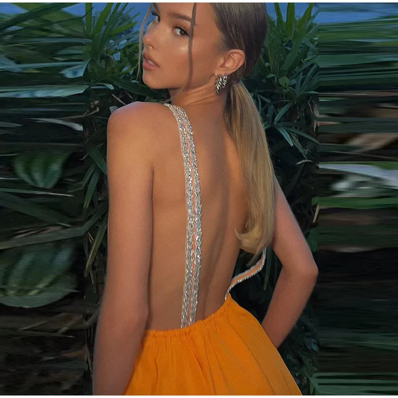 Sexy Diamonds Sling Short Dress Women Deep V-neck Sleeveless Backless Pleated A-line Dresses 2025 Summer Lady Beach Party Robe