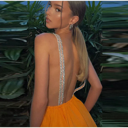 Sexy Diamonds Sling Short Dress Women Deep V-neck Sleeveless Backless Pleated A-line Dresses 2025 Summer Lady Beach Party Robe