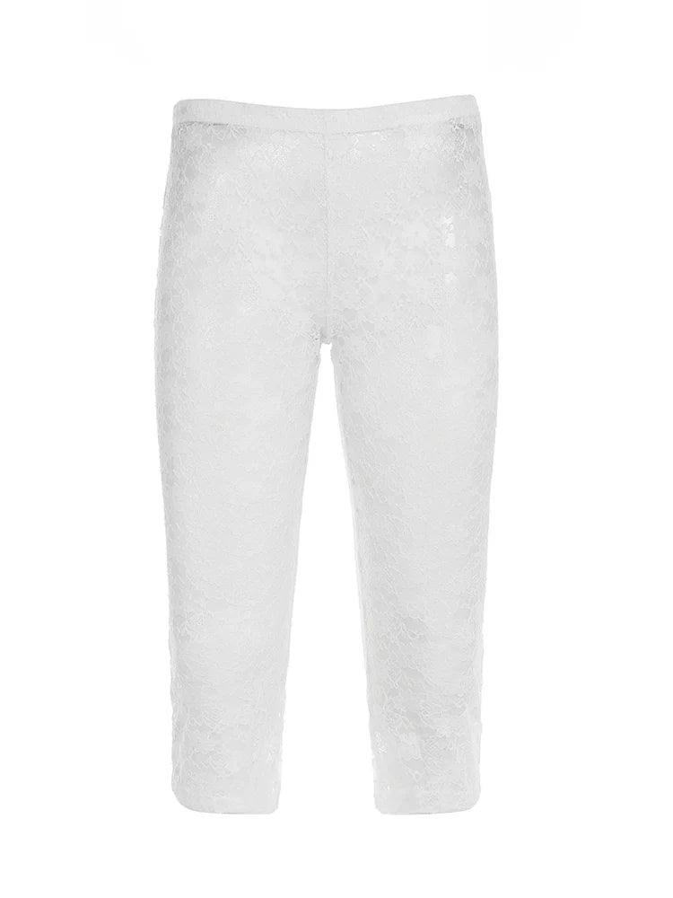 White Transparent Lace Pants with Slit Women Chic See Through Low Rise Skinny Capris Vintage y2k Beach Holiday Trousers