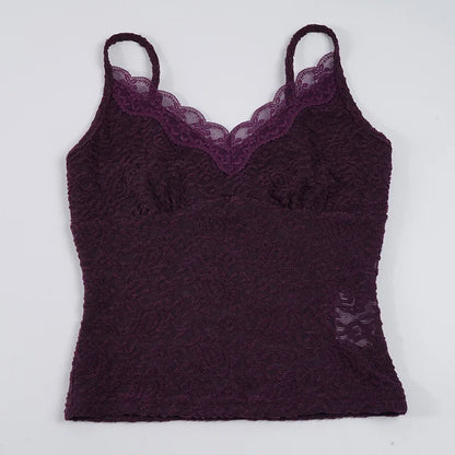 Women Summer New V Neck Cami Top Fashion Hollow Lace Sleeveless Tank Top Basic Layering Camisole for Club Street Party