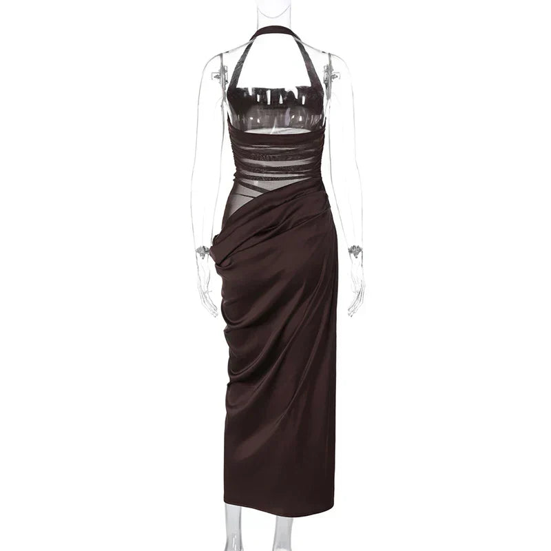 Halter Mesh Ruched Midriff Wrap Panel Bodycon Maxi Gown