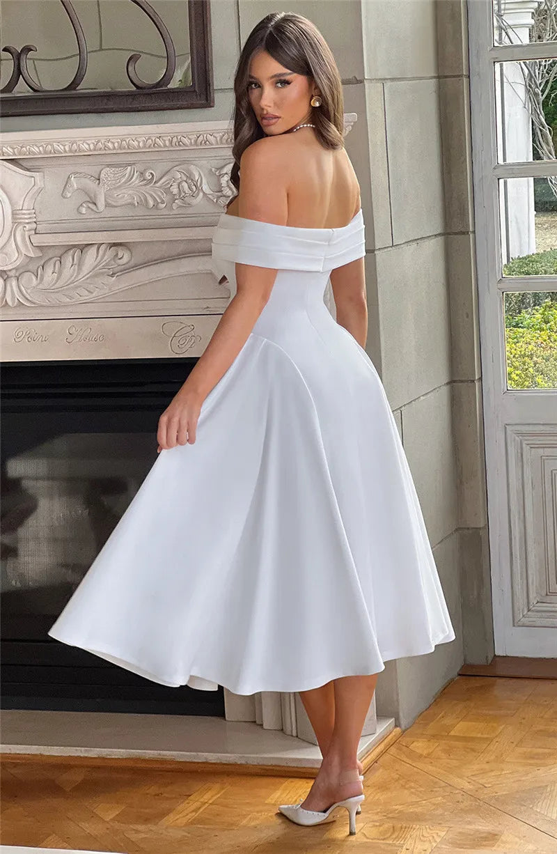 Off-Shoulder Folded Band Box Pleat Flare Midi Dress