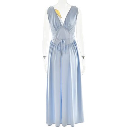 Elegant Lace Patchwork Satin Tank Maxi Dress Women's Deep V-Neck Sexy Backless Lacing Sleeveless Contrast Slim Long Dress
