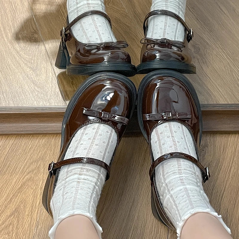New Cute Patent Leather Mary Jane Shoes Women Autumn Buckle Straps High Heels Pumps Woman Japanese Style Uniform School Shoes
