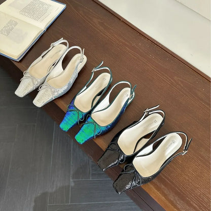 Sandals Straps Slip-on Loafers Summer Women's Suit Female Beige Bling Bling Open Shoes Heel Elastic Band Comfort Black Bright G