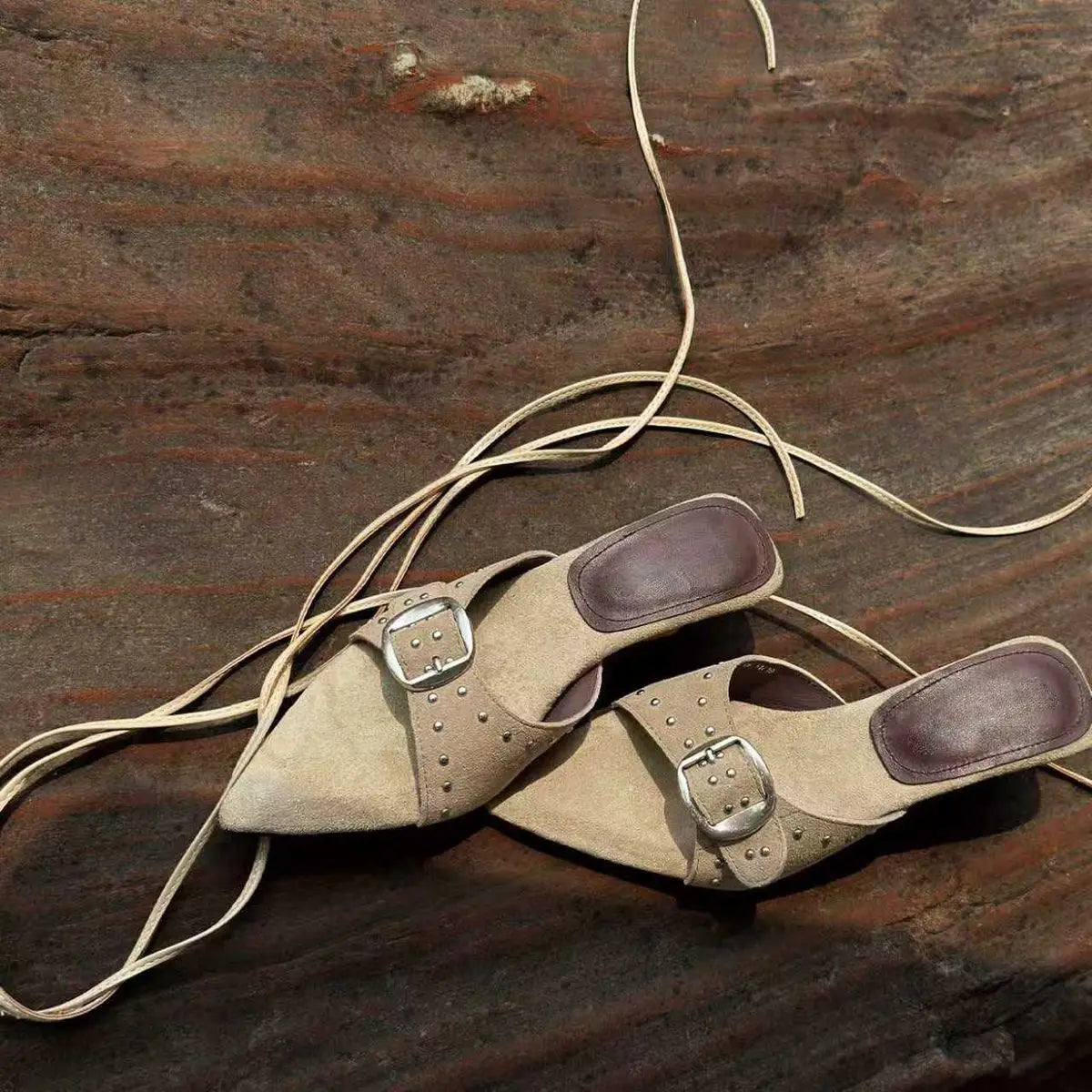 Retro Rivet Women's Pumps and Heels French Pointed Toe Strap Summer Luxury Women's Sandals Fashion Open-toed Wedge Shoe