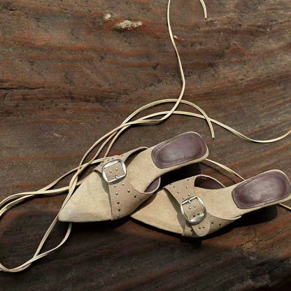 Retro Rivet Women's Pumps and Heels French Pointed Toe Strap Summer Luxury Women's Sandals Fashion Open-toed Wedge Shoe
