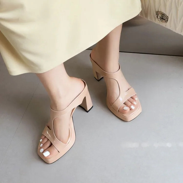Shoes Ladies' Slippers Square Toe Big Size Low Women Heels High Block Rubber Rome Fabric Slides PU Hoof Shoes Square heel Womens