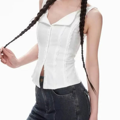 Red White Slim Tank Top Women Sleeveless O Neck Lace Spliced Summer Crop Top Streetwear ropa de mujer