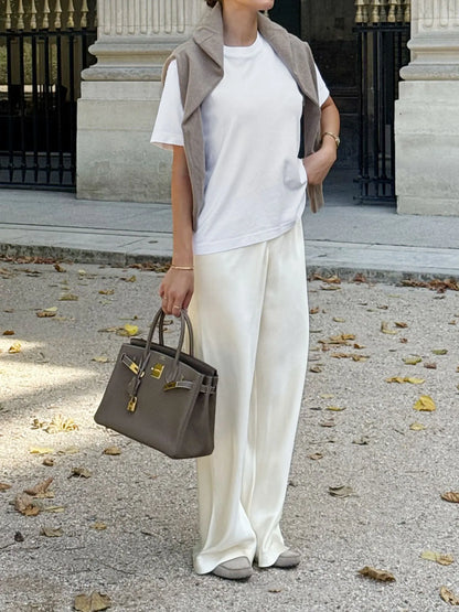 New straight leg pants with satin finish, high waisted and drooping casual pants