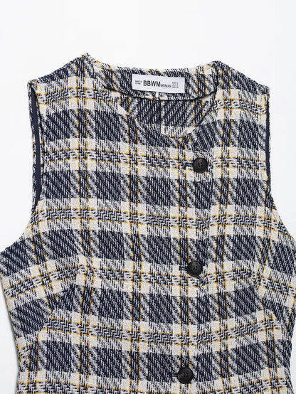 Women Retro Plaid Pleated Culottes Sets Lady Casual Sleeveless Single Breasted Slim Short Vest Suit 2026 Daily Commute Outfits