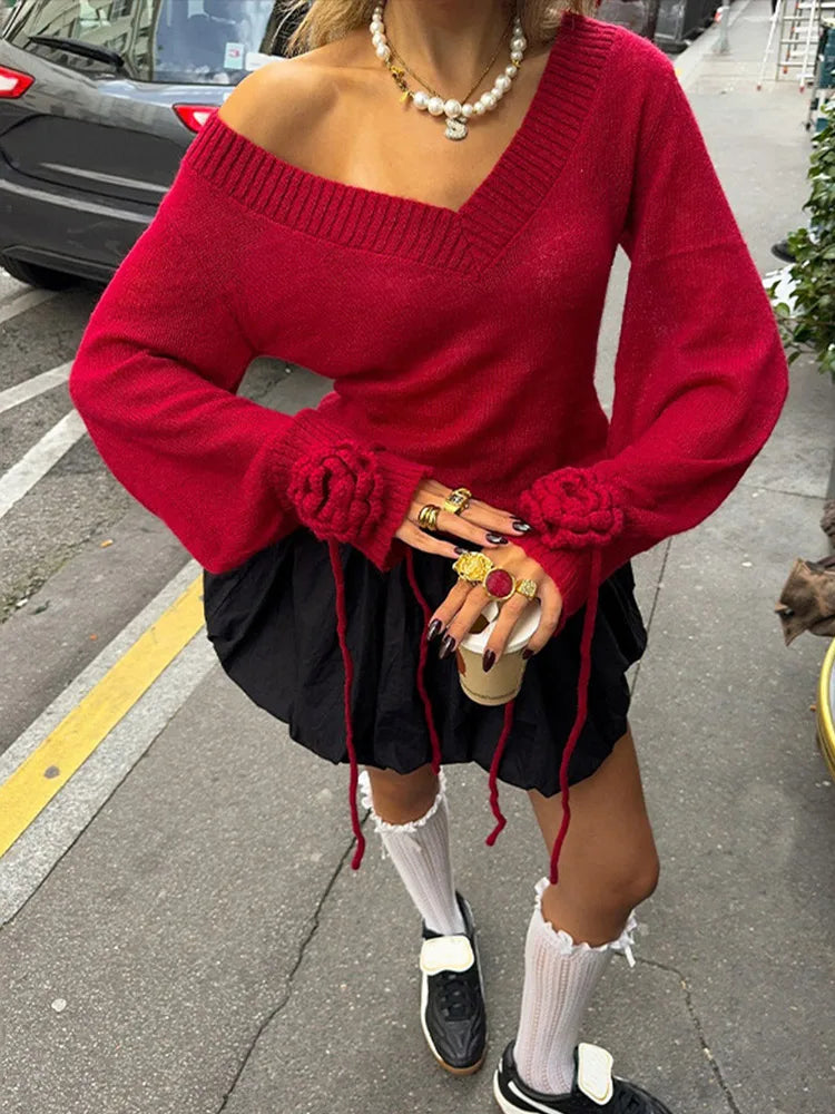 Crochet Flower Tassel Knitted Women's Pullover V-neck Long Sleeve Solid Color Sweater Fashion Casual Loose Retro Women Sweaters