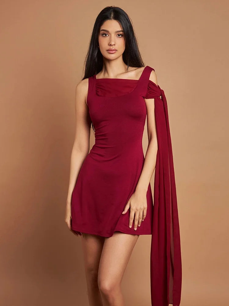 Square Neck Draped Panel Chiffon Sash Shoulder Mini Dress