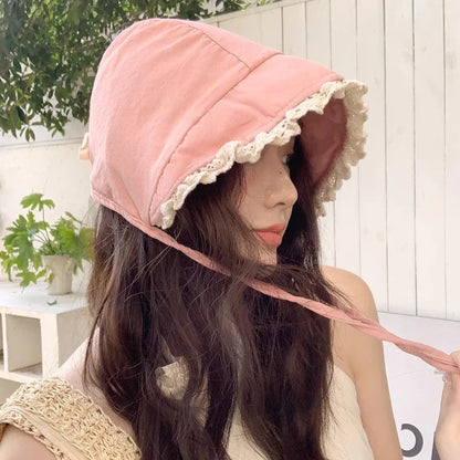 Japanese Retro Y2K Lace Edge Loli Hats for Women Spring and Summer Travel Photo Versatile Sunscreen Sweet Strap Sun Hat
