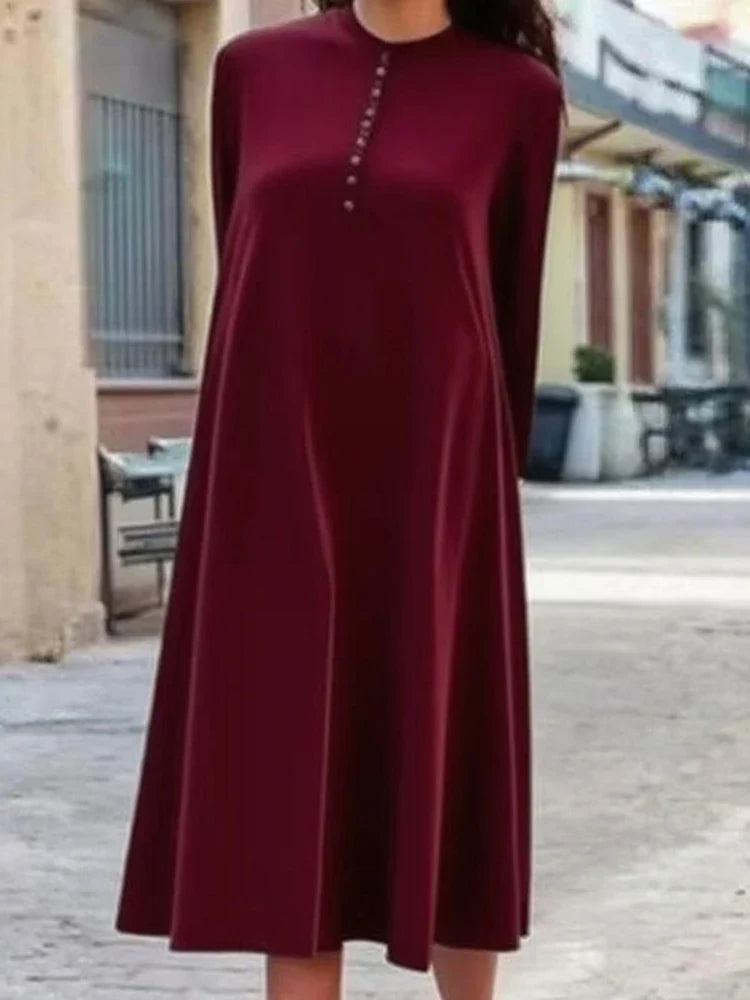 Casual O-neck Long Sleeve Velvet Maxi Dress Temperament Solid Color Loose Party Robes Lady Simple Pleated Commute A-line Dresses