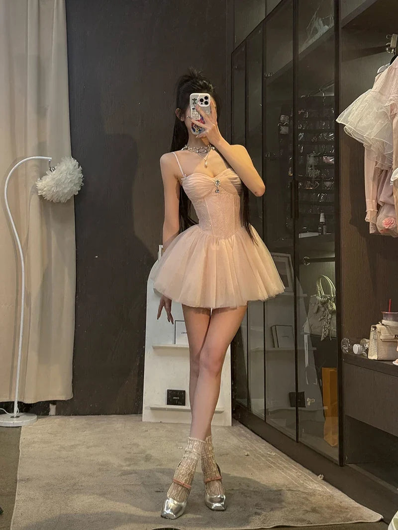 Sweet Mini Dress Women Birthday Party Mesh Patchwork Spaghetti Strap Dresses Summer Y2K Korean Fashion Bodycon Design Vestidos