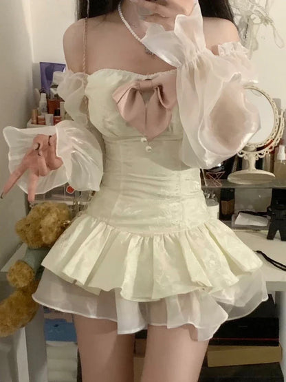 Medieval Floral Print Retro Satin Mini Dress for Women Off Shoulder Long Sleeve Birthday Dress with Bow Fairycore Cute