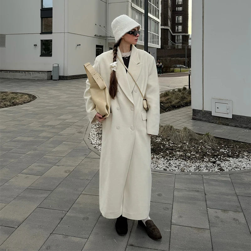 Elegant Solid Double Breasted Long Coat Women Chic Casual Loose Lapel Pad Shoulder Tweed Coats Lady Winter Retro Street Outwear