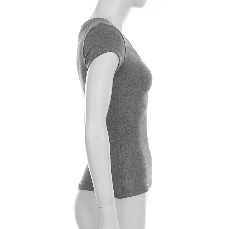 Casual Grey V-neck Crop Top Women Basic Skinny Short Sleeve Knitted T-shirts for Summer y2k Vintage Harajuku Tees Retro