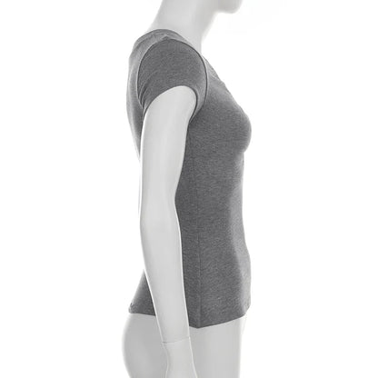 Casual Grey V-neck Crop Top Women Basic Skinny Short Sleeve Knitted T-shirts for Summer y2k Vintage Harajuku Tees Retro