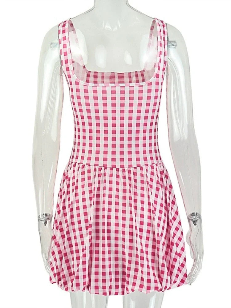 Cute Pink Checkered Mini Dress Square Neck Sleeveless Slim Waist Ruched Bubble Hem A-Line Summer Short Dress for Women