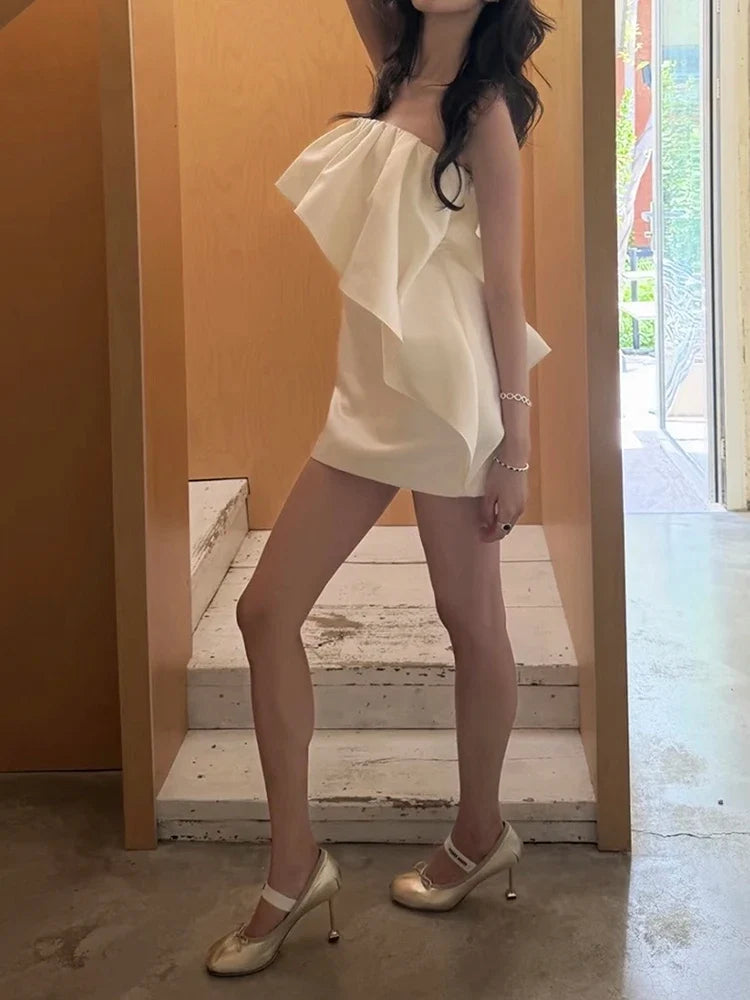 Elegant Sexy Ruched Dress Woman Ruffles Edge Design Wrap Chest Backless Skinny Peach Hip Summer Fashion Style Bodycon