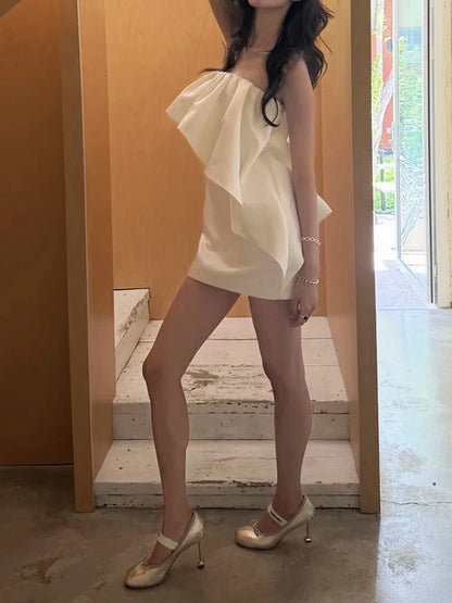 Elegant Sexy Ruched Dress Woman Ruffles Edge Design Wrap Chest Backless Skinny Peach Hip Summer Fashion Style Bodycon