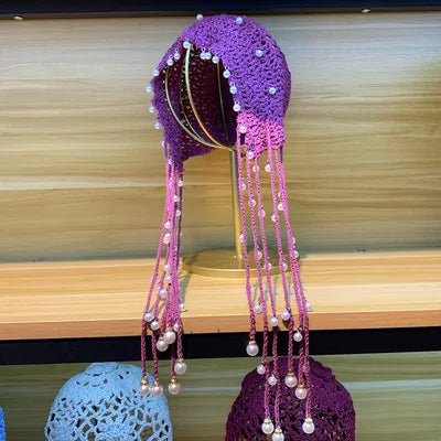 Japanese Spring Summer Handmade Crochet Knitted Hat Hollow Retro Fringed Pearl Sunscreen Hat Fashion Breathable Court Beanie Cap