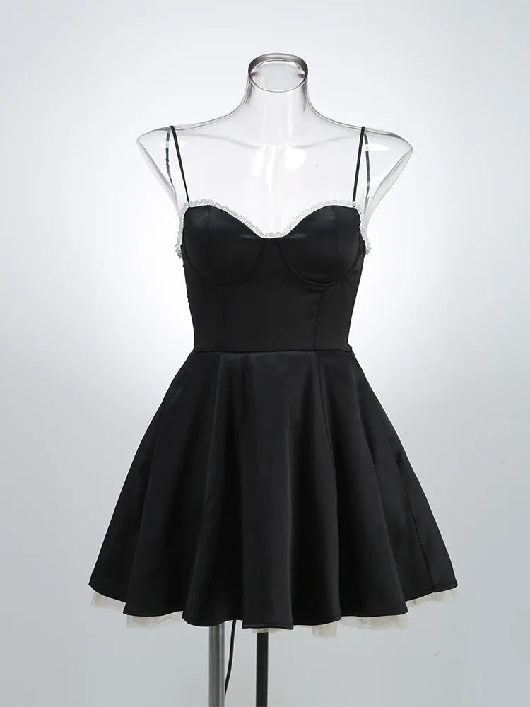 Sweetheart Neck Lace Trim Spaghetti Strap Tulle Hem Fit and Flare Mini Dress