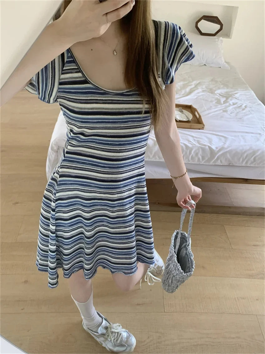 Close Waist Summer Mini Dress Chic Women Knitted Short Sleeve New Soft Casual Stripes All Match Slim Lady