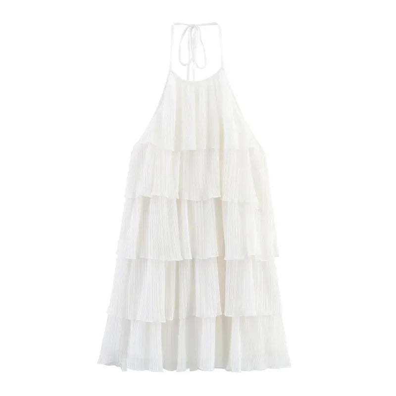 Sexy Halter Cascading Ruffles Mini Dress Women Solid Sleeveless Backless Slim Cake Dresses 2025 Summer Lady Party Beach Robes
