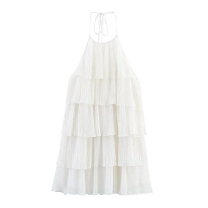 Sexy Halter Cascading Ruffles Mini Dress Women Solid Sleeveless Backless Slim Cake Dresses 2025 Summer Lady Party Beach Robes