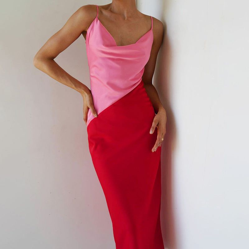 Diagonal Colorblock Cowl Neck Spaghetti Strap Satin Midi Dress
