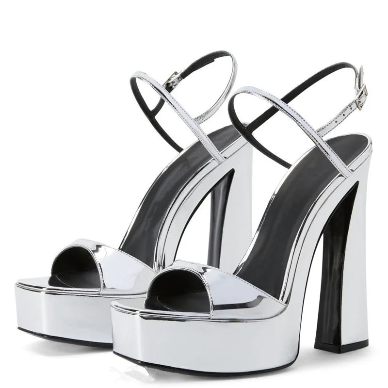 Patent Leather Thick Sole Super High Heels Women Sandals Square Toe Solid Color Ankle Strap Fashion Concise Elegant Ladies Shoes