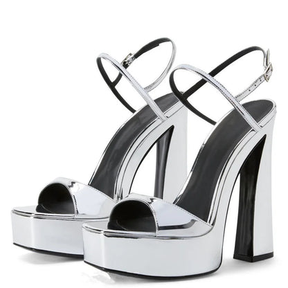 Patent Leather Thick Sole Super High Heels Women Sandals Square Toe Solid Color Ankle Strap Fashion Concise Elegant Ladies Shoes