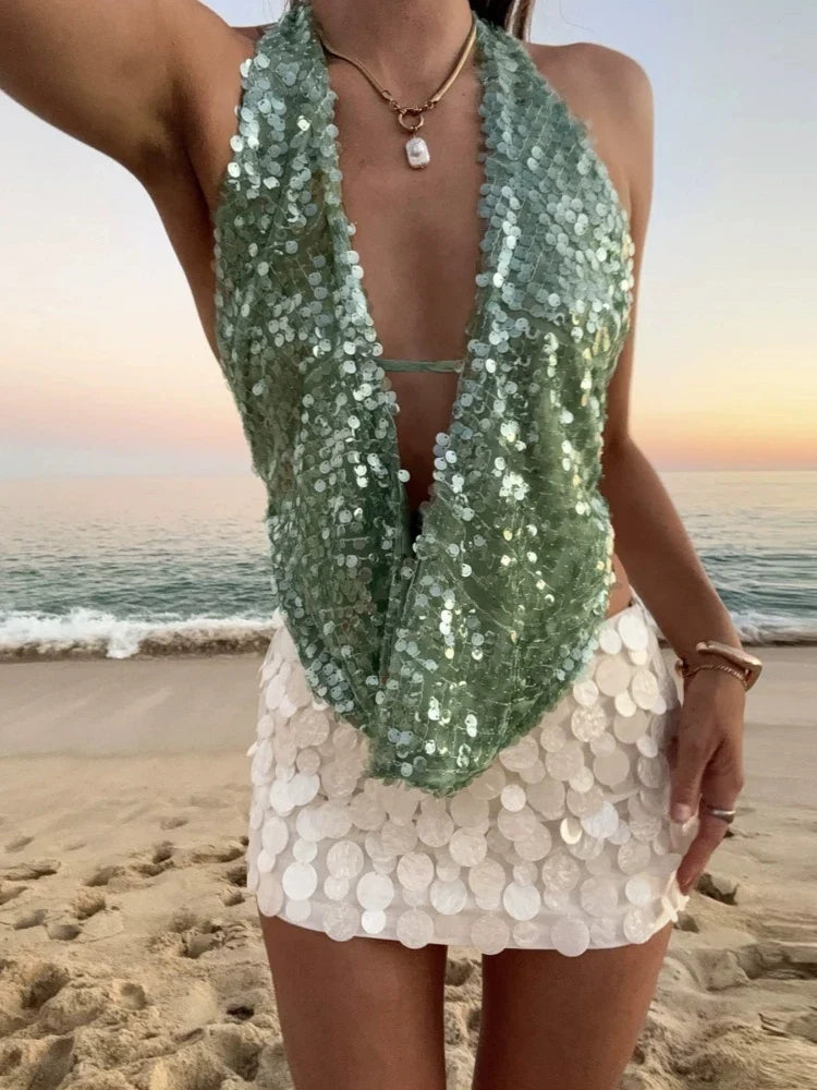 Summer Backless Solid Sequins Women's Tops Sexy Halter Sleeveless Crop Camis Lady Cute Party Shining Top Holiday Beach Tanks
