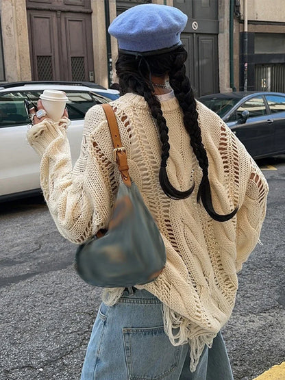 Twist Hollow Out Knit Sweater Women Chic O-neck Long Sleeve Loose Tassels Pullover Female 2025 Spring Solid Jumper Top Sweaters