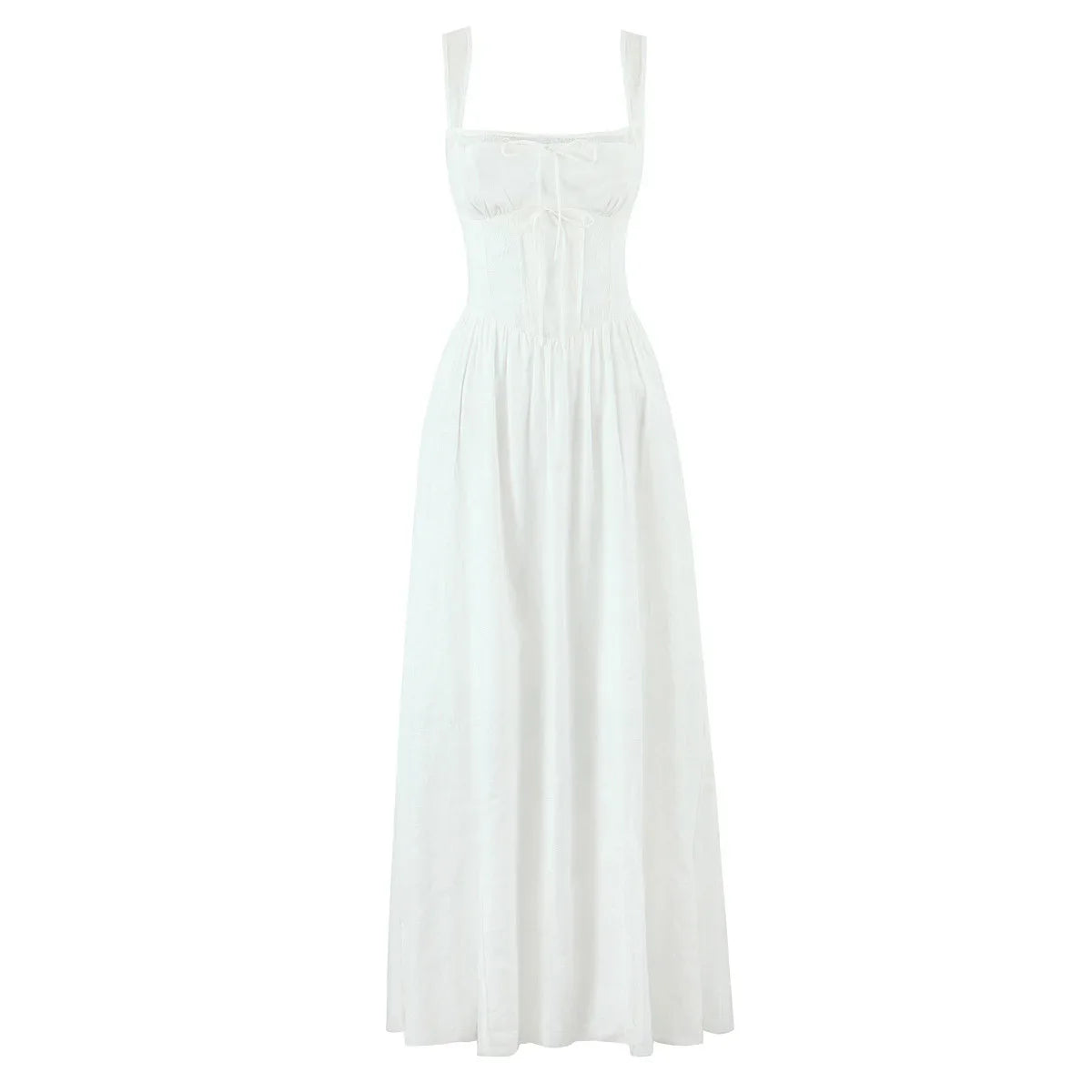Lace Spliced Elegant White Dress Women Square Neck Sleeveless A-line Summer Long Dresses Holiday Party Robe